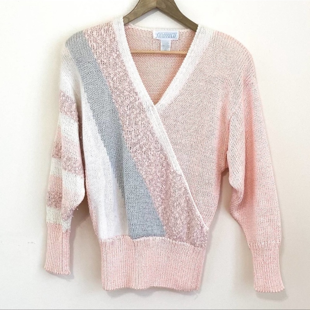 Vintage Pink Shimmer Textured Surplice V-neck Sweater by Side Effects